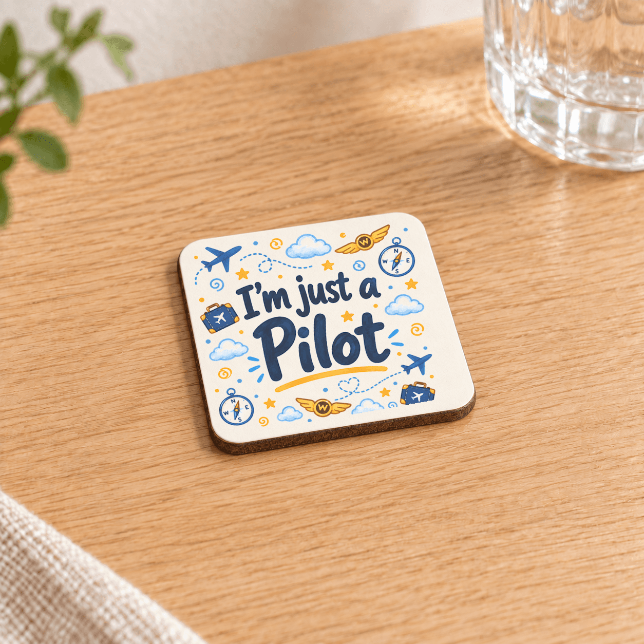 Pilot Baskılı 9x9 cm Kare MDF Bardak Altlığı - Pilota Hediye Ahşap