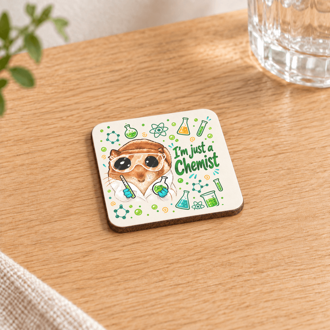 Sad Hamster Kimyager Baskılı 9x9 cm Kare MDF Bardak Altlığı - Kimyagere Hediye Ahşap