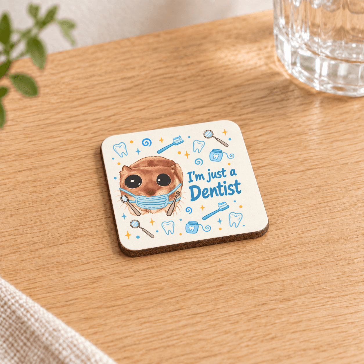 Sad Hamster Diş Hekimi Baskılı 9x9 cm Kare MDF Bardak Altlığı - Diş Hekimine Hediye Ahşap