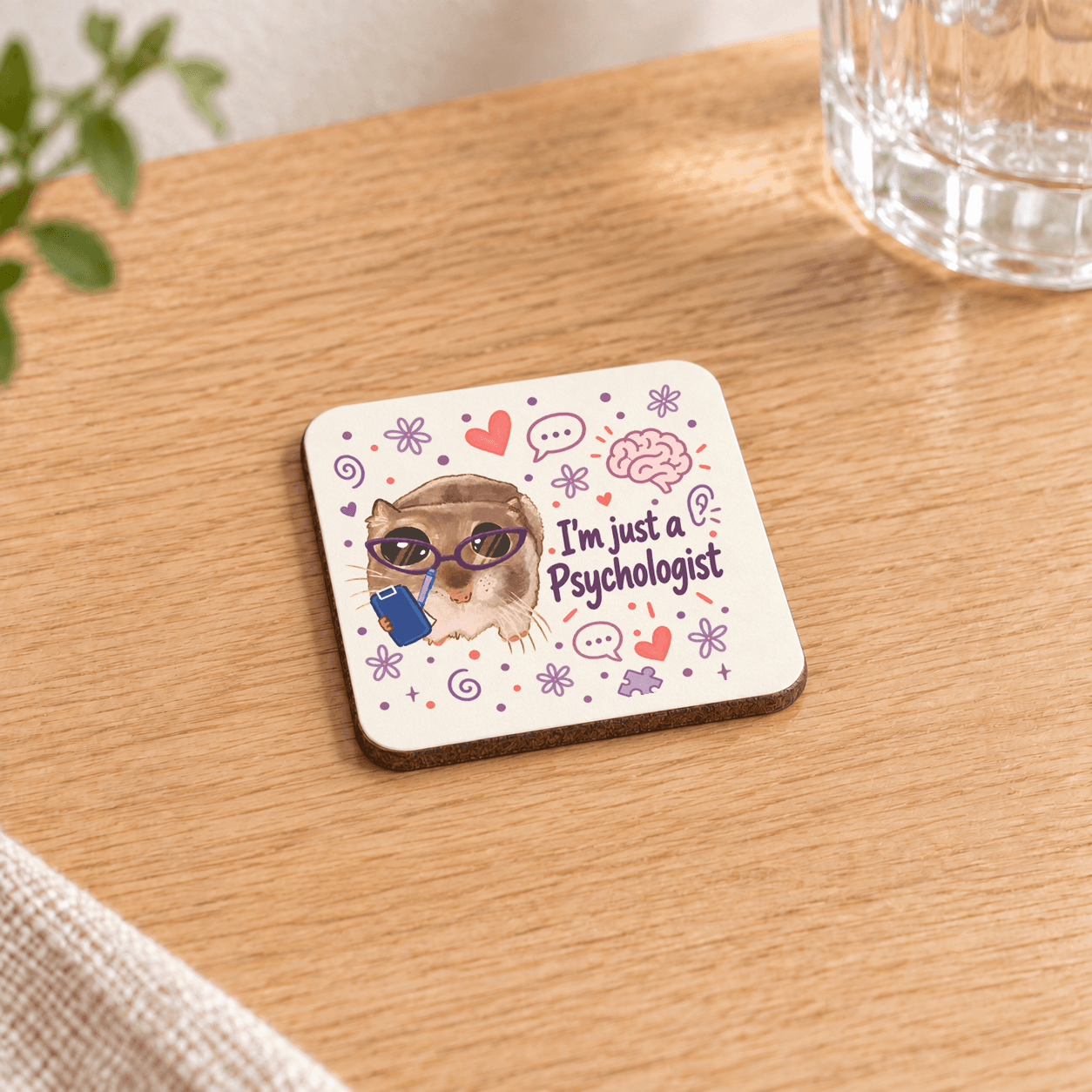 Sad Hamster Psikolog Baskılı 9x9 cm Kare MDF Bardak Altlığı - Psikoloğa Hediye Ahşap
