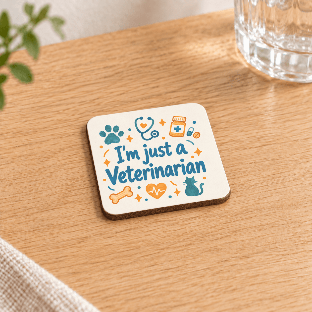 Veteriner Baskılı 9x9 cm Kare MDF Bardak Altlığı - Veterinere Hediye Ahşap