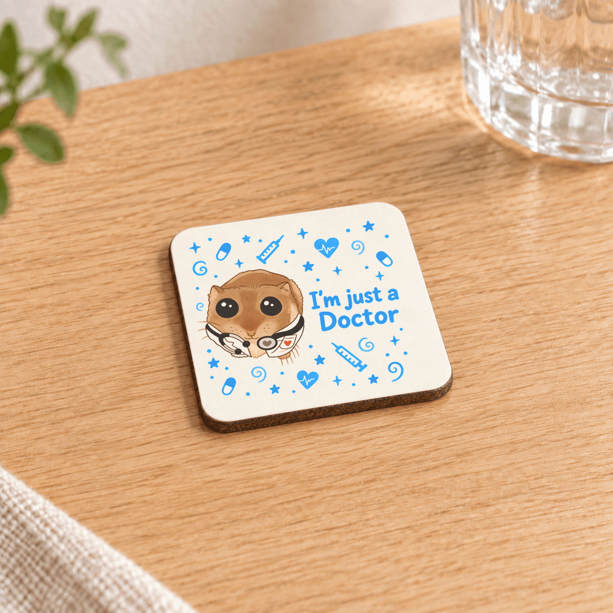 Sad Hamster Doktor Baskılı 9x9 cm Kare MDF Bardak Altlığı - Doktora Hediye Ahşap