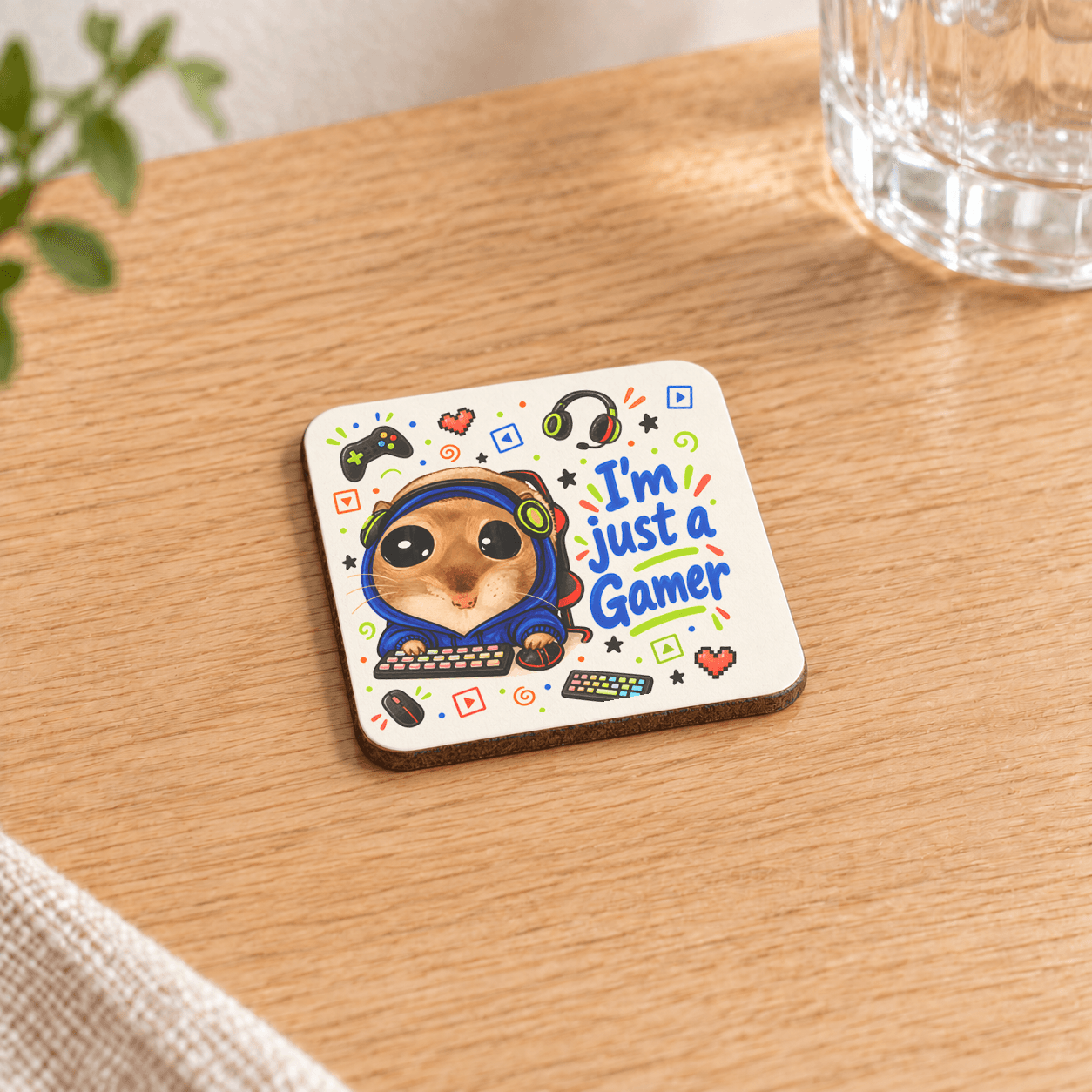 Sad Hamster Gamer Baskılı 9x9 cm Kare MDF Bardak Altlığı - Gamer'a Hediye Ahşap