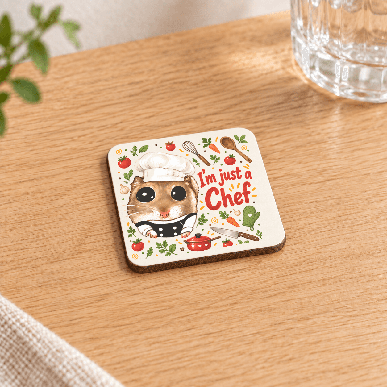 Sad Hamster Aşçı Baskılı 9x9 cm Kare MDF Bardak Altlığı - Aşçıya Hediye Ahşap