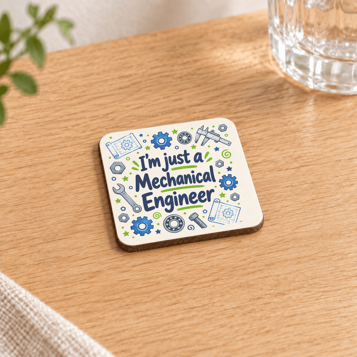 Makine Mühendisi Baskılı 9x9 cm Kare MDF Bardak Altlığı - Makine Mühendisine Hediye Ahşap
