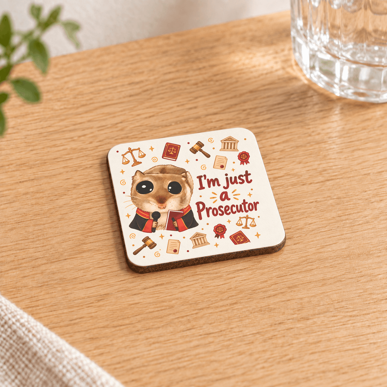 Sad Hamster Savcı Baskılı 9x9 cm Kare MDF Bardak Altlığı - Savcıya Hediye Ahşap
