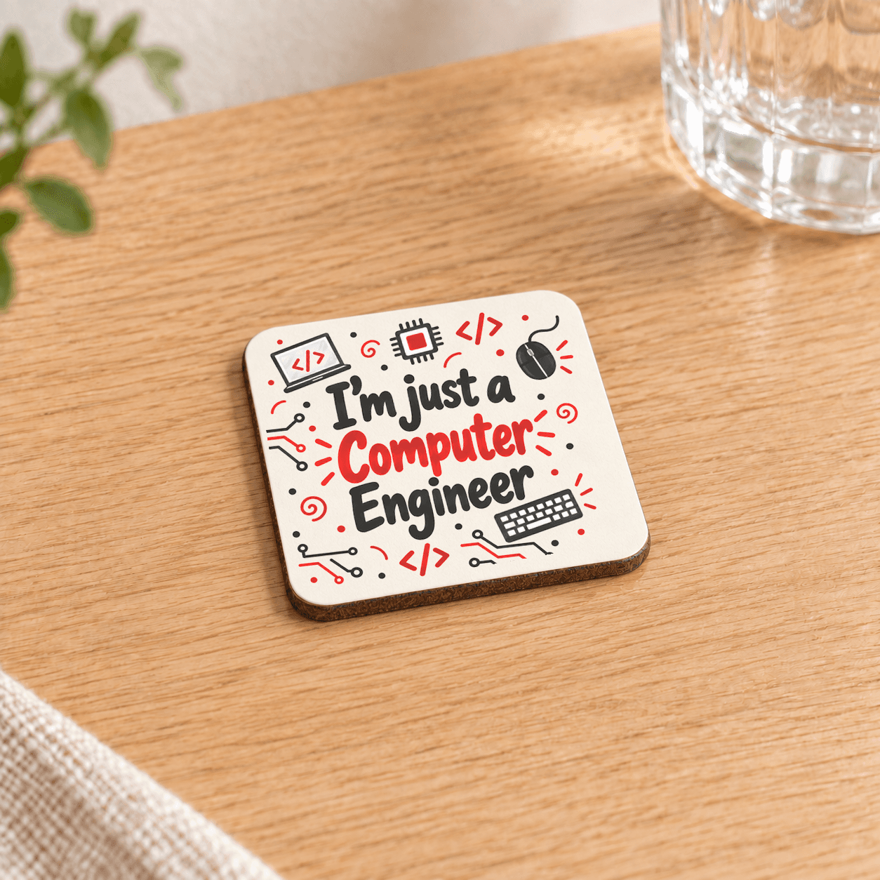 Bilgisayar Mühendisi Baskılı 9x9 cm Kare MDF Bardak Altlığı - Bilgisayar Mühendisine Hediye Ahşap