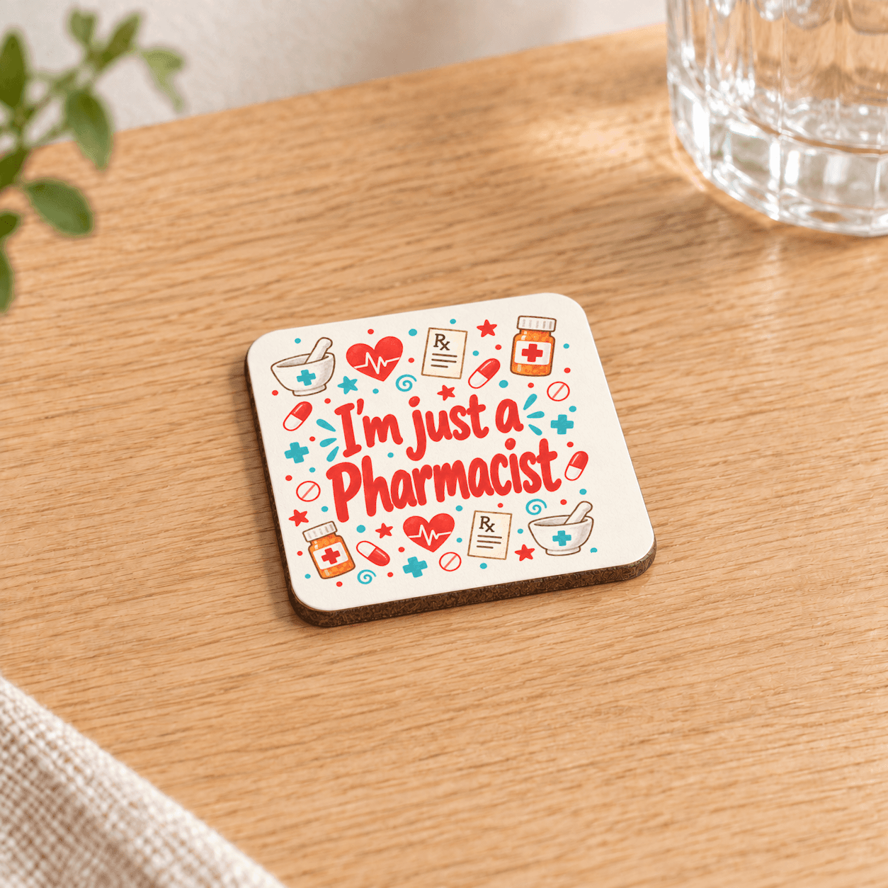 Eczacı Baskılı 9x9 cm Kare MDF Bardak Altlığı - Eczacıya Hediye Ahşap