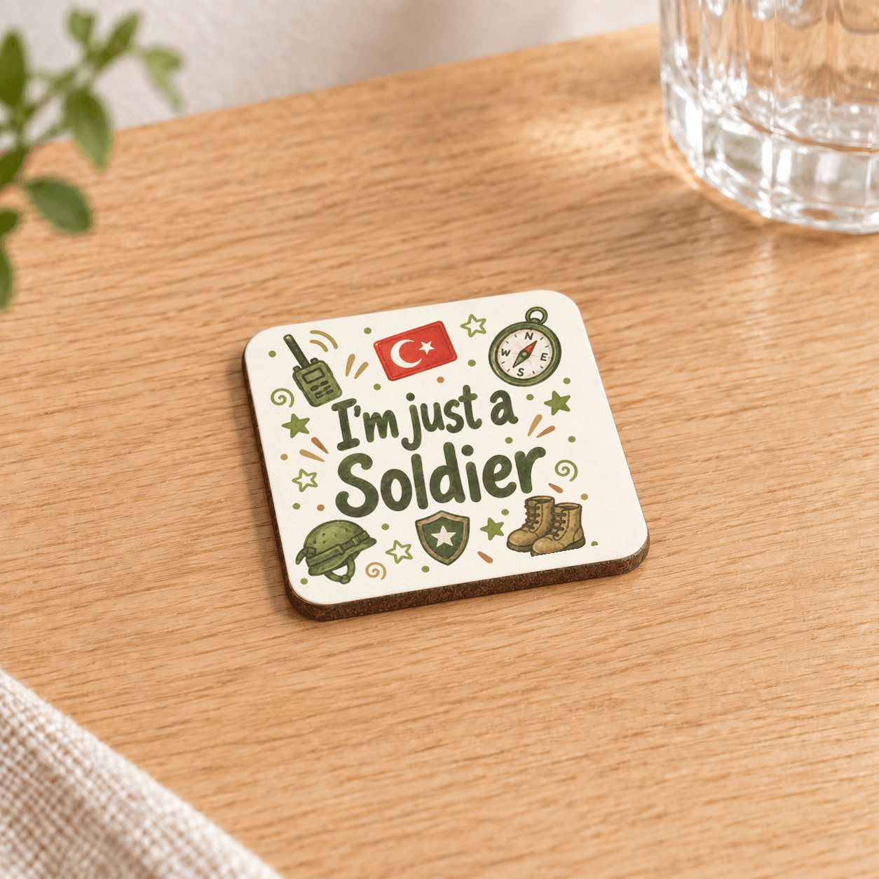 Asker Baskılı 9x9 cm Kare MDF Bardak Altlığı - Askere Hediye Ahşap