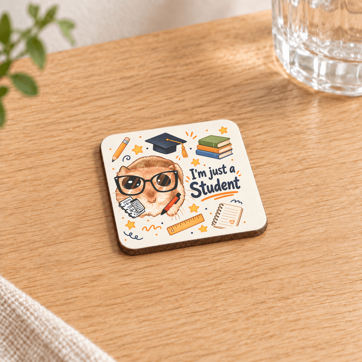 Sad Hamster Öğrenci Baskılı 9x9 cm Kare MDF Bardak Altlığı - Öğrenciye Hediye Ahşap