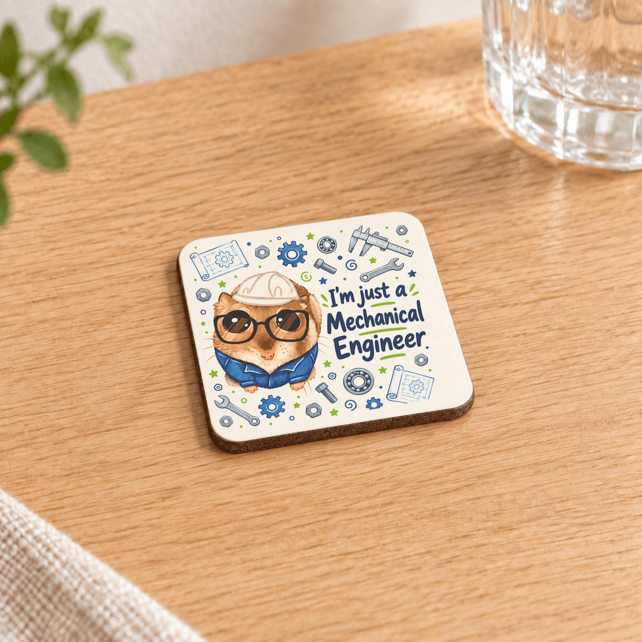 Sad Hamster Makine Mühendisi Baskılı 9x9 cm Kare MDF Bardak Altlığı - Makine Mühendisine Hediye