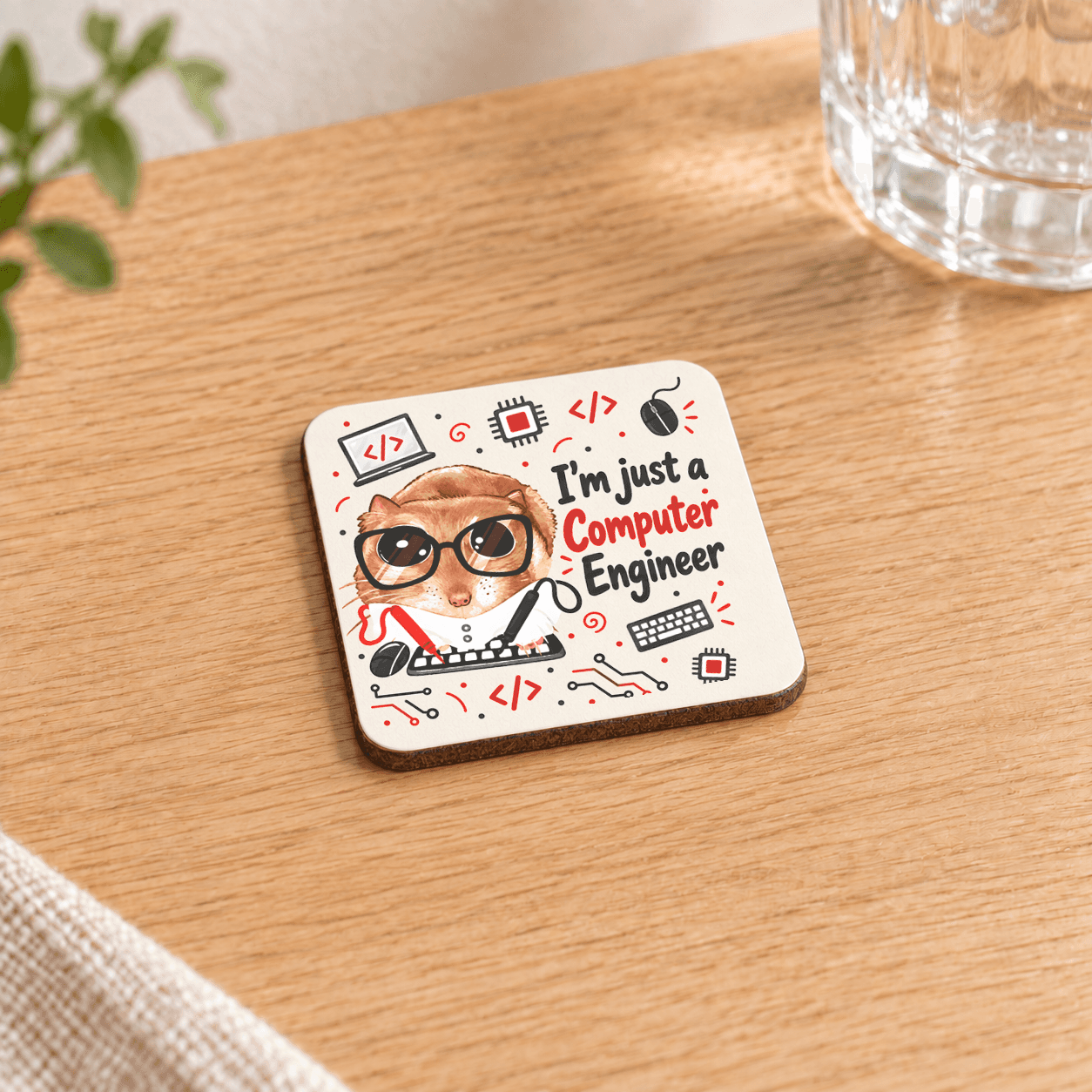 Sad Hamster Bilgisayar Mühendisi Baskılı 9x9 cm Kare MDF Bardak Altlığı - Hediye