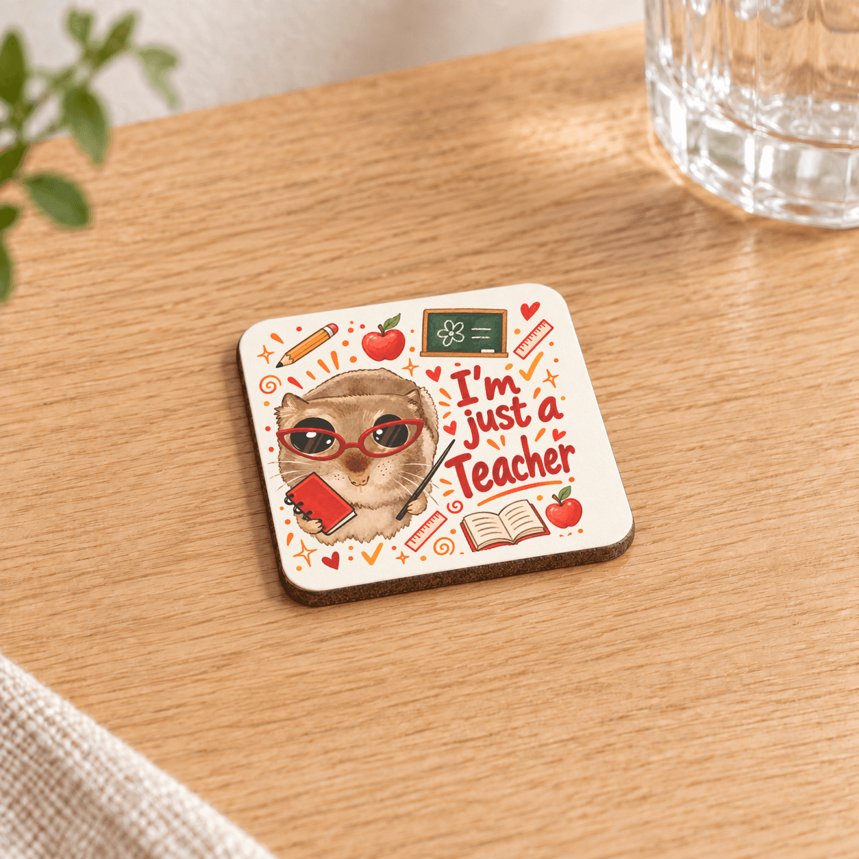 Sad Hamster Öğretmen Baskılı 9x9 cm Kare MDF Bardak Altlığı - Öğretmene Hediye Ahşap