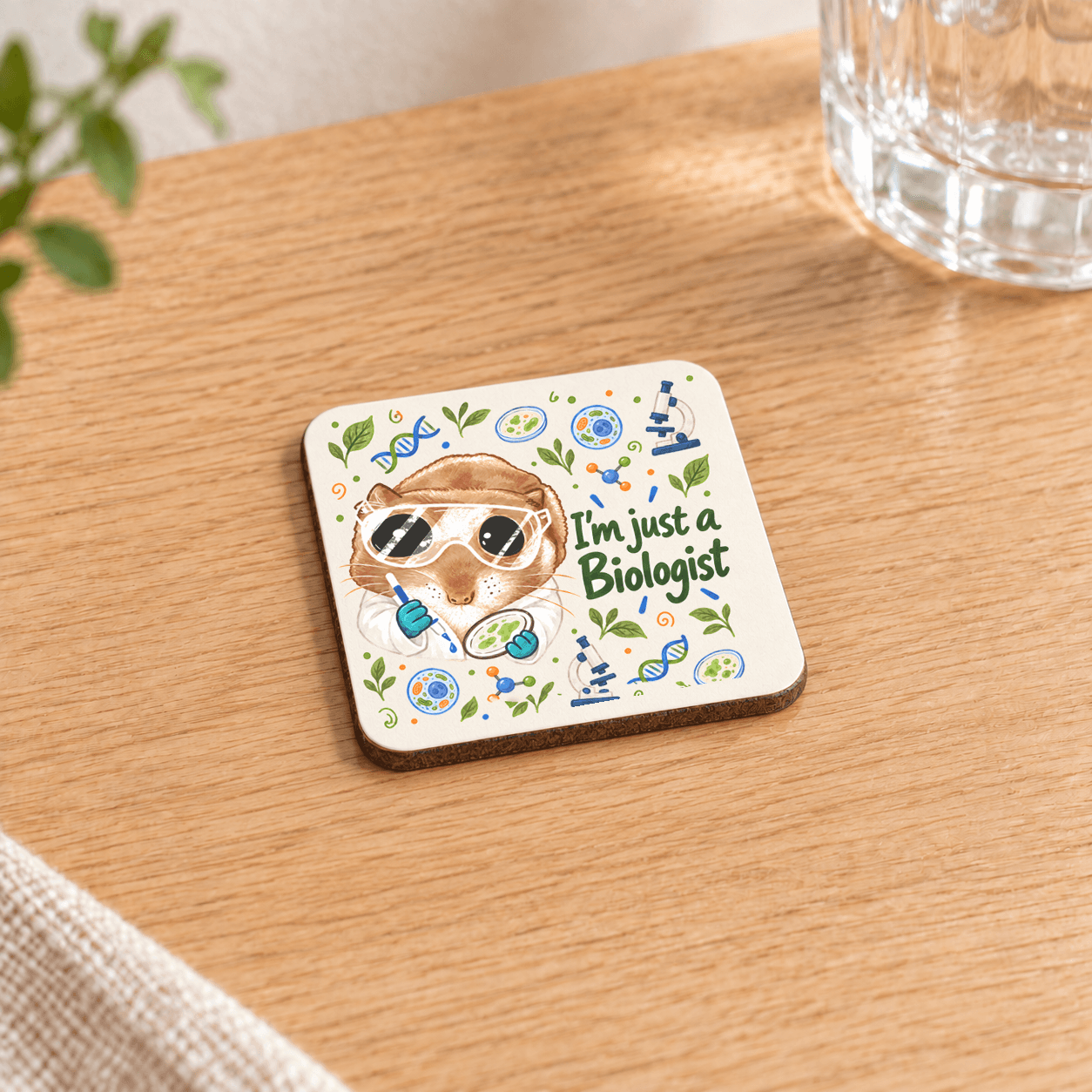 Sad Hamster Biyolog Baskılı 9x9 cm Kare MDF Bardak Altlığı - Biyoloğa Hediye Ahşap