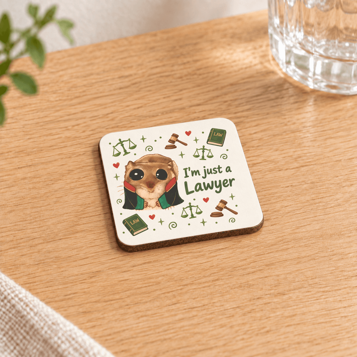 Sad Hamster Avukat Baskılı 9x9 cm Kare MDF Bardak Altlığı - Avukata Hediye Ahşap