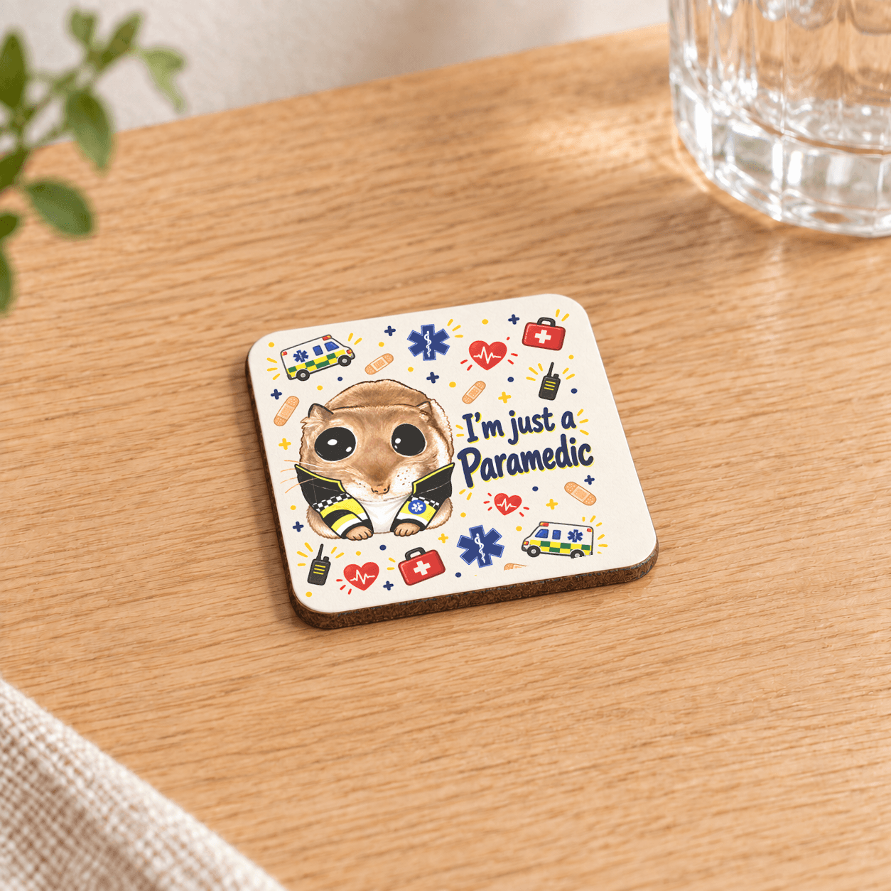 Sad Hamster Paramedik Baskılı 9x9 cm Kare MDF Bardak Altlığı - Paramediğe Hediye Ahşap
