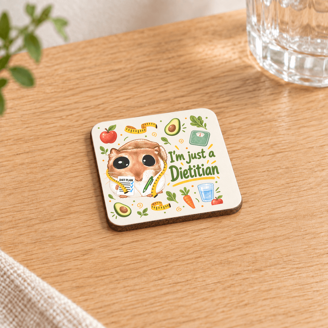 Sad Hamster Diyetisyen Baskılı 9x9 cm Kare MDF Bardak Altlığı - Diyetisyene Hediye Ahşap
