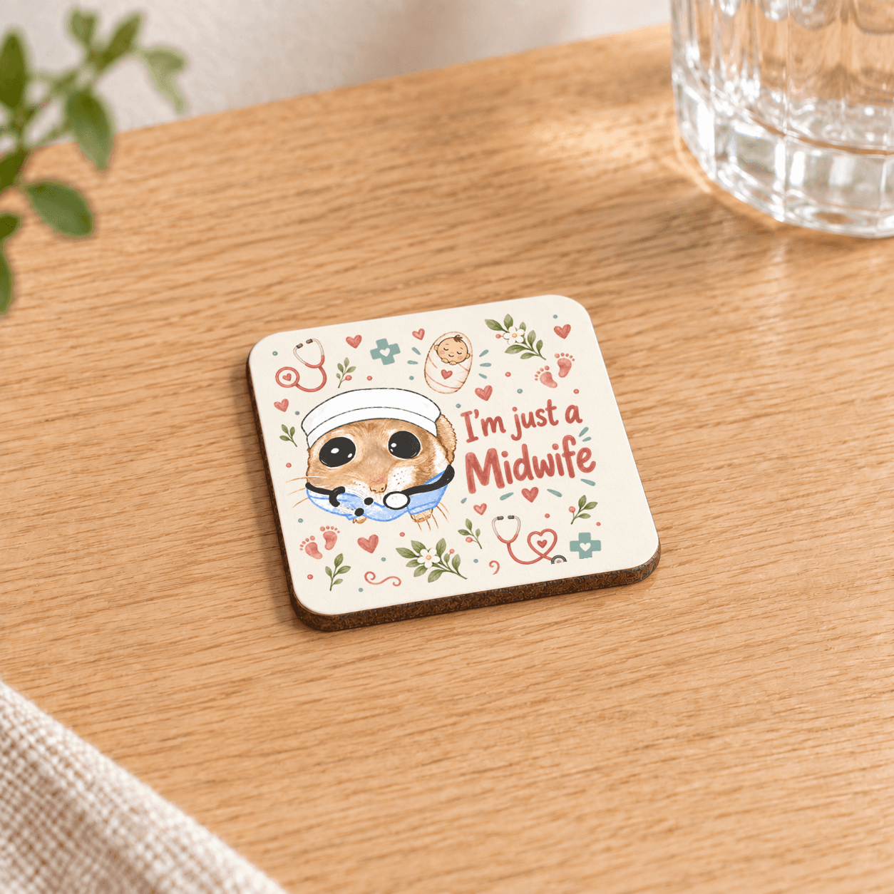 Sad Hamster Ebe Baskılı 9x9 cm Kare MDF Bardak Altlığı - Ebeye Hediye Ahşap