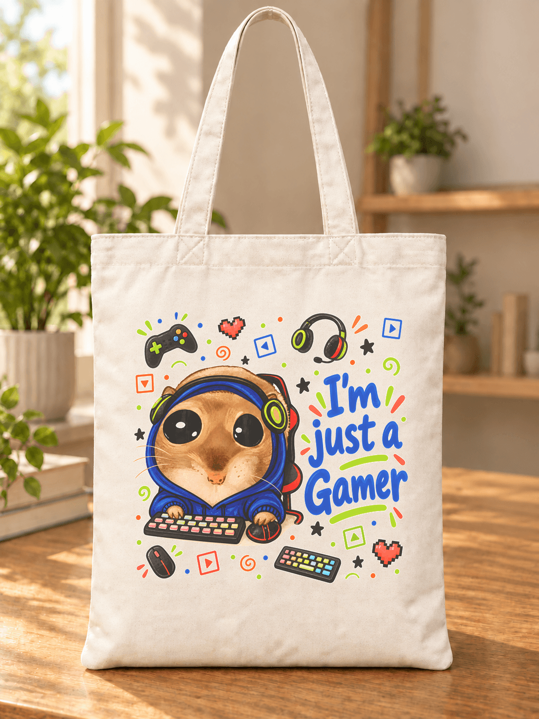 Sad Hamster Gamer Baskılı Bez Çanta - Gamer'a Hediye Omuz Çantası