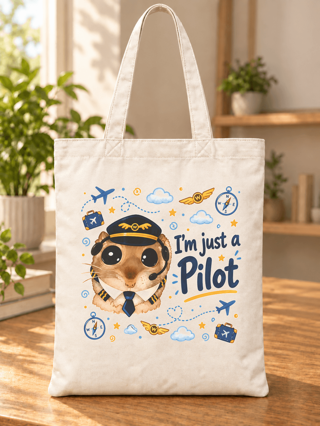 Sad Hamster Pilot Baskılı Bez Çanta - Pilota Hediye Omuz Çantası