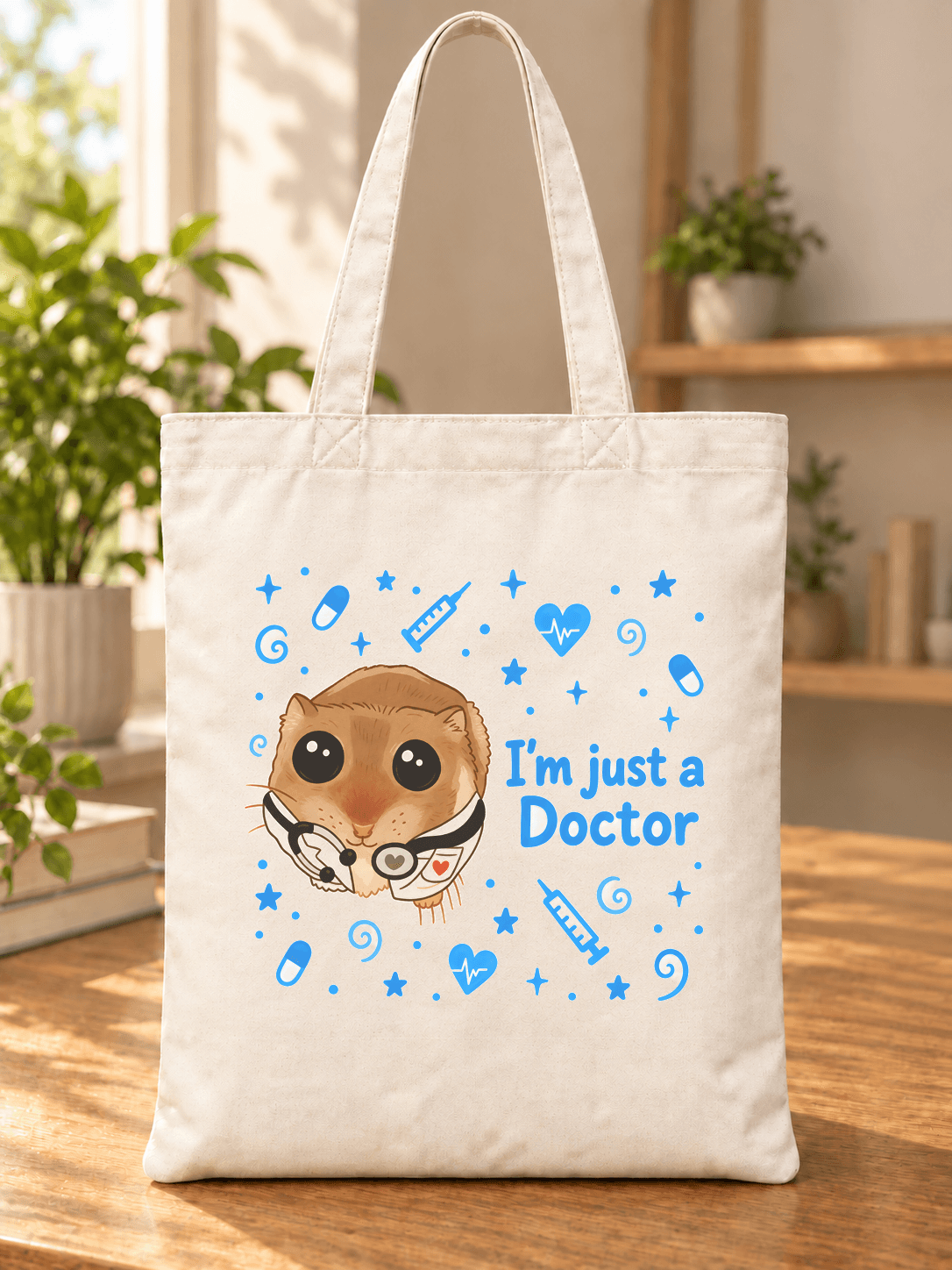 Sad Hamster Doktor Baskılı Bez Çanta - Doktora Hediye Omuz Çantası