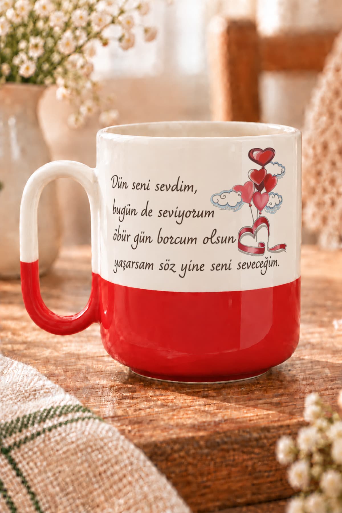 Dün Seni Sevdim Baskılı Kırmızı Alt Yarısı Renkli Arya Kupa Bardak Fincan Mug