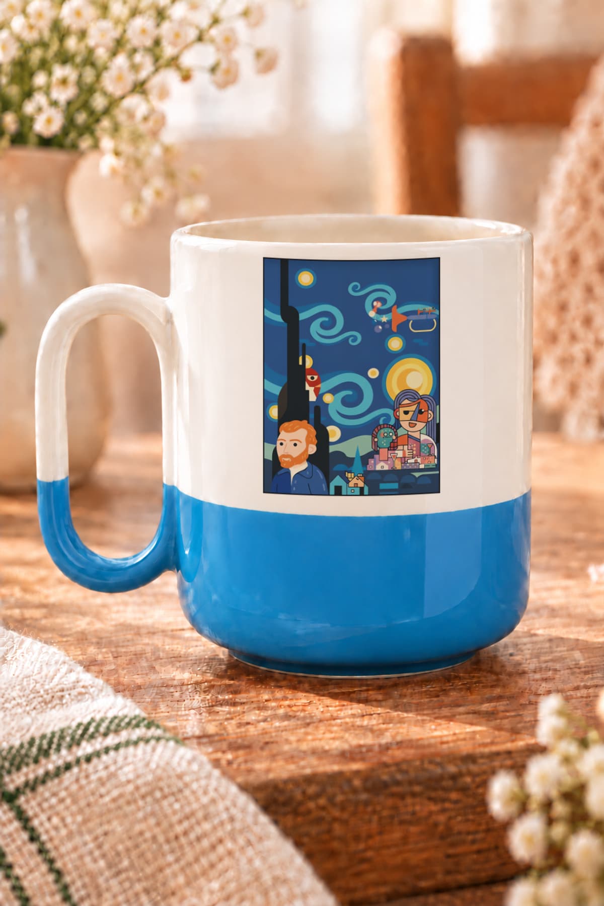 Van Gogh Rüyası Baskılı Alt Yarısı Renkli Arya Kupa Bardak Fincan Mug