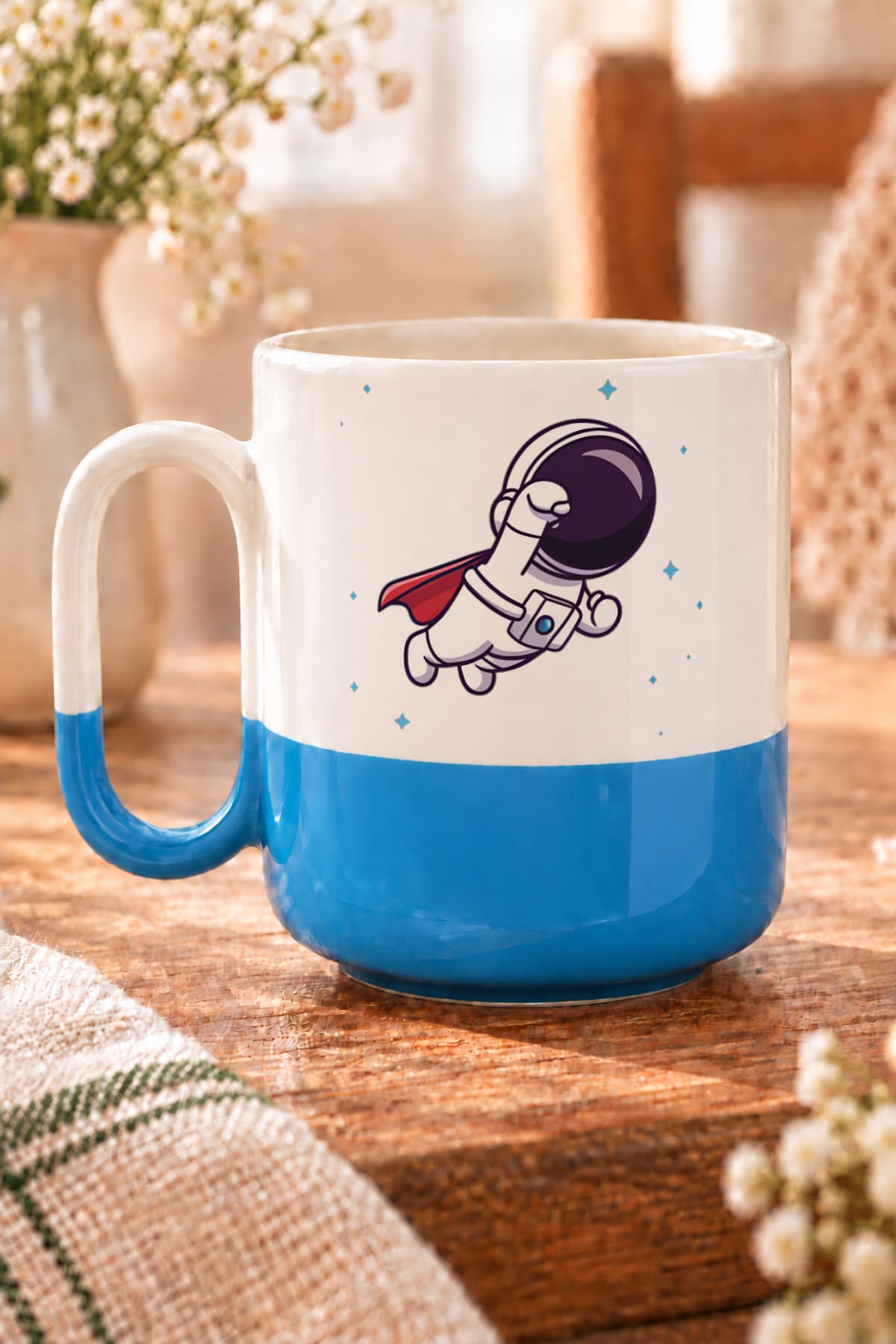 Süper Astronot Baskılı Alt Yarısı Renkli Arya Kupa Bardak Fincan Mug