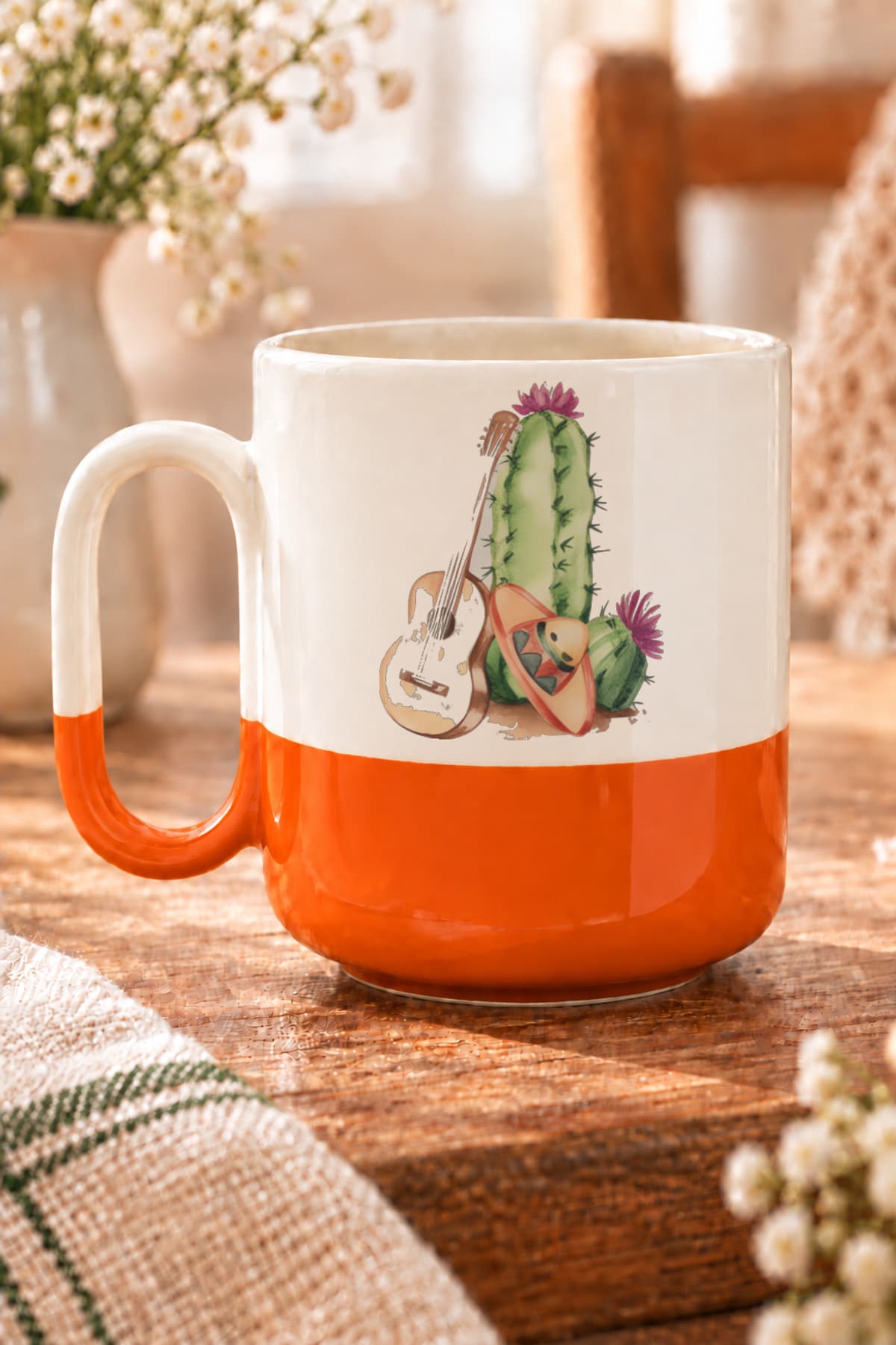 Gitar ve Kaktüs Baskılı Alt Yarısı Renkli Arya Kupa Bardak Fincan Mug
