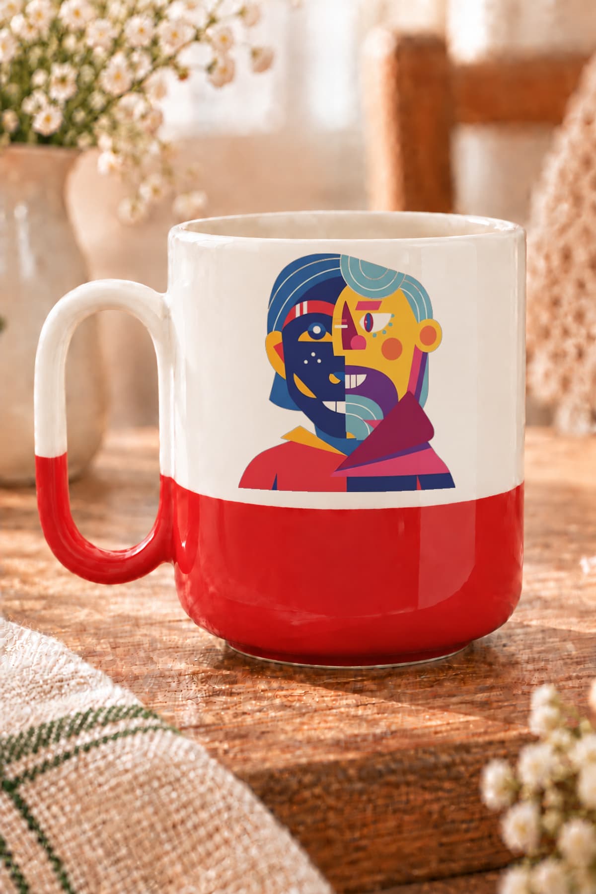 Face To Face Baskılı Alt Yarısı Renkli Arya Kupa Bardak Fincan Mug
