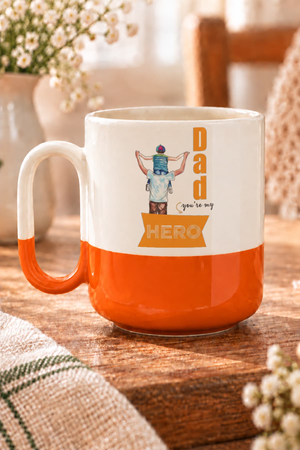 Hero Baba&oğul Baskılı Turuncu Alt Yarısı Renkli Arya Kupa - Babaya Hediye Bardak Fincan Mug