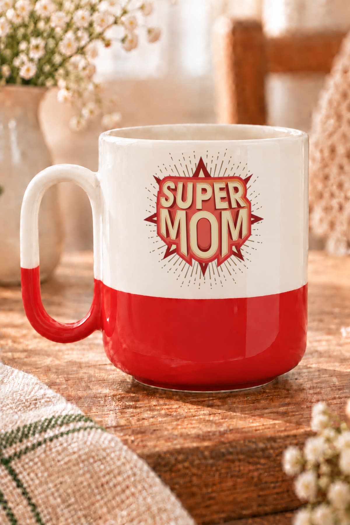Süper Mom Baskılı Kırmızı Alt Yarısı Renkli Arya Kupa - Anneye Hediye Bardak Fincan Mug