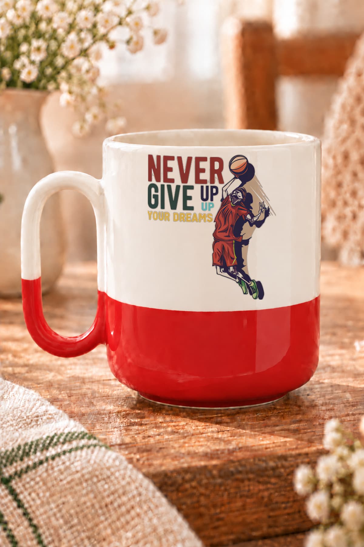 Nevergiveup Basketball Baskılı Alt Yarısı Renkli Arya Kupa Bardak Fincan Mug