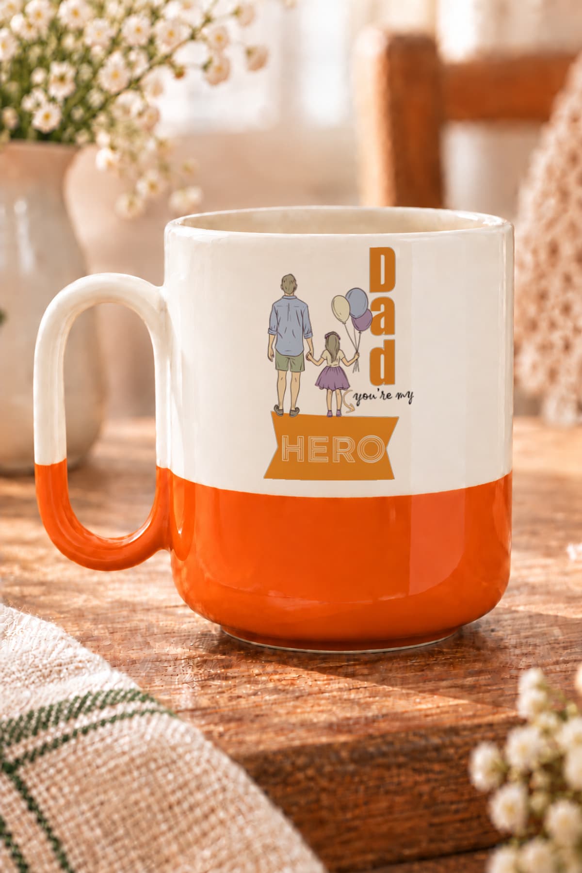 Baba&kız Baskılı Turuncu Alt Yarısı Renkli Arya Kupa - Babaya Hediye Bardak Fincan Mug
