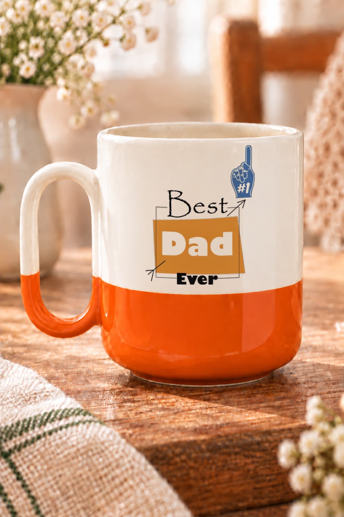 Best Dad #1 Baskılı Turuncu Alt Yarısı Renkli Arya Kupa Bardak Fincan Mug