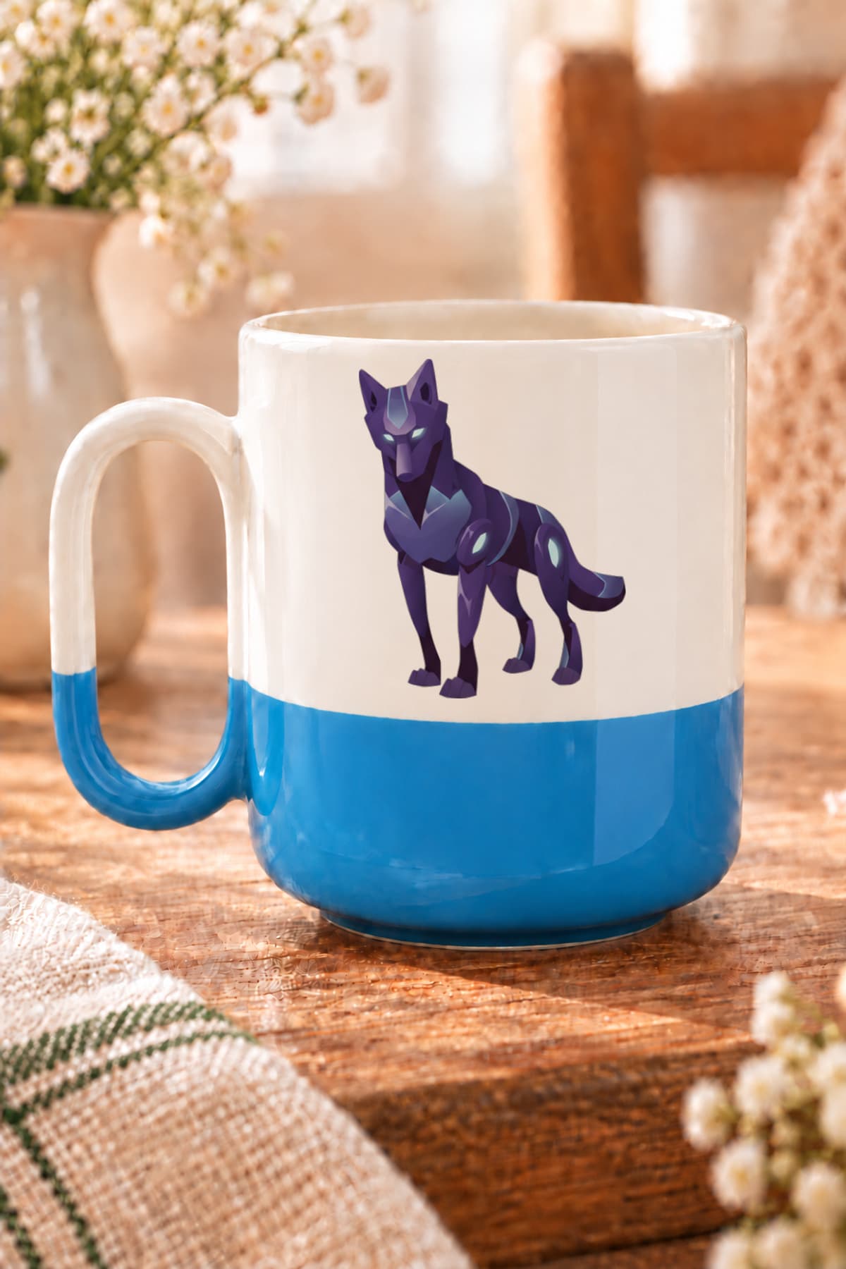 Mor Kurt Baskılı Alt Yarısı Renkli Arya Kupa Bardak Fincan Mug