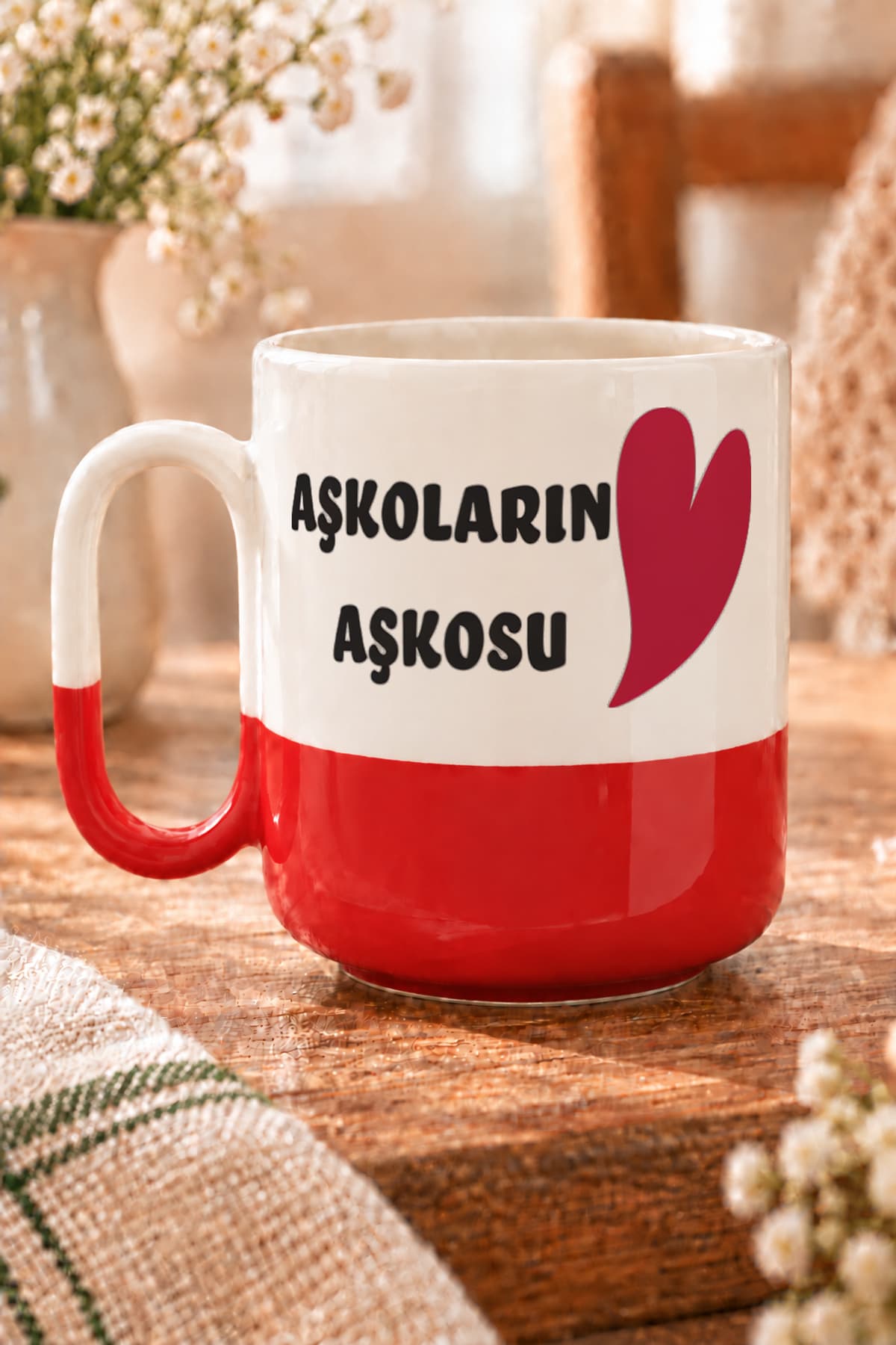 Aşkoların Aşkosu Baskılı Kırmızı Alt Yarısı Renkli Arya Kupa - Sevgiliye Hediye Bardak Fincan Mug