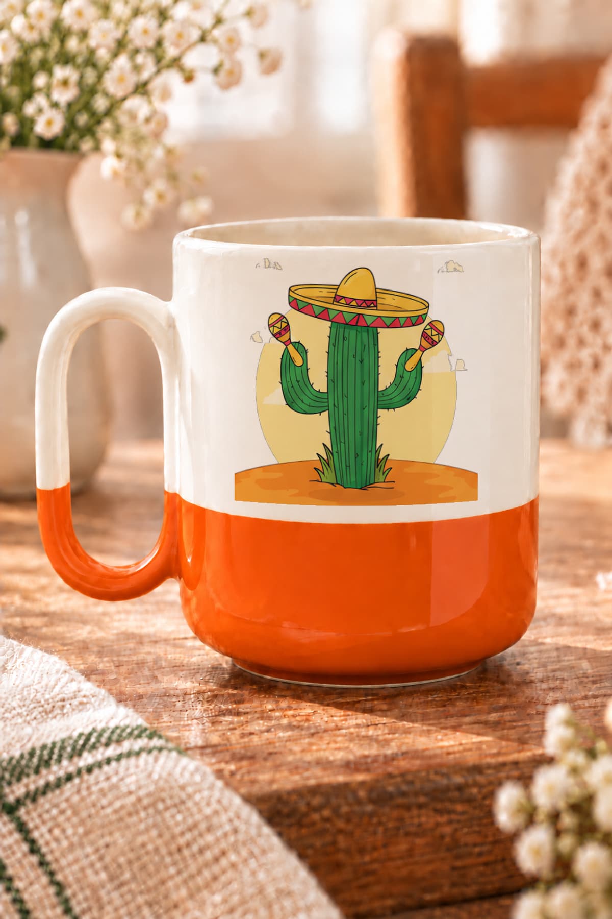 Marakas Kaktüs Baskılı Alt Yarısı Renkli Arya Kupa Bardak Fincan Mug