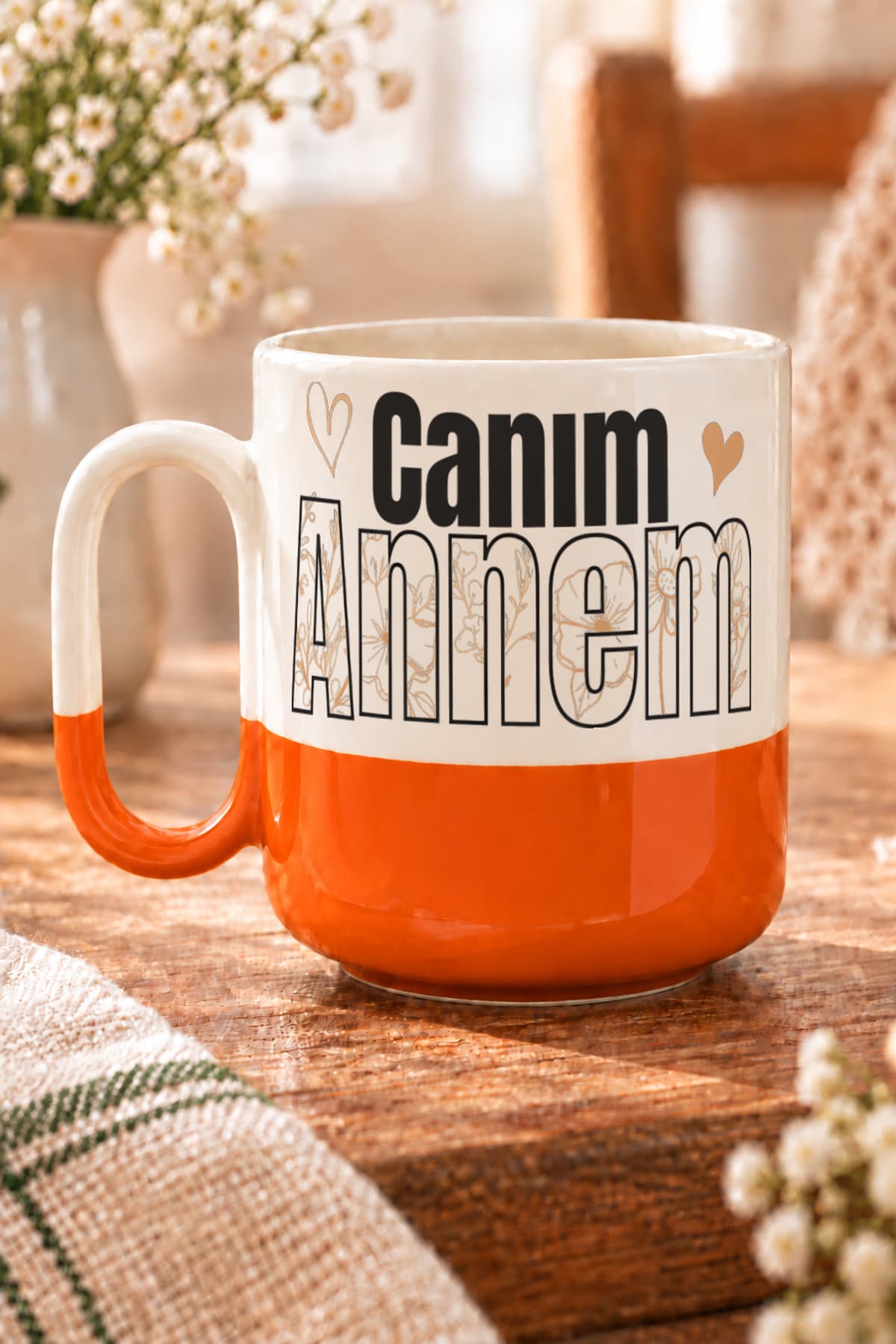 Canım Annem Baskılı Turuncu Alt Yarısı Renkli Arya Kupa - Anneye Hediye Bardak Fincan Mug