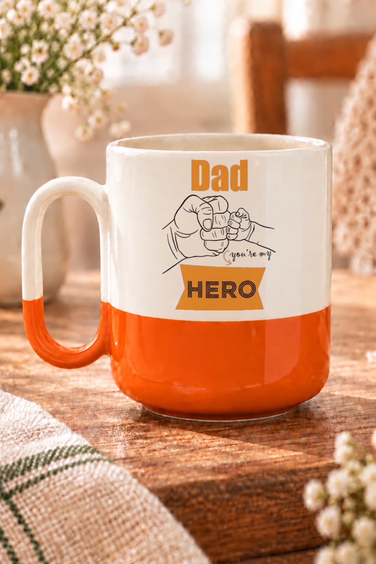Dad Hero Baskılı Turuncu Alt Yarısı Renkli Arya Kupa Bardak Fincan Mug