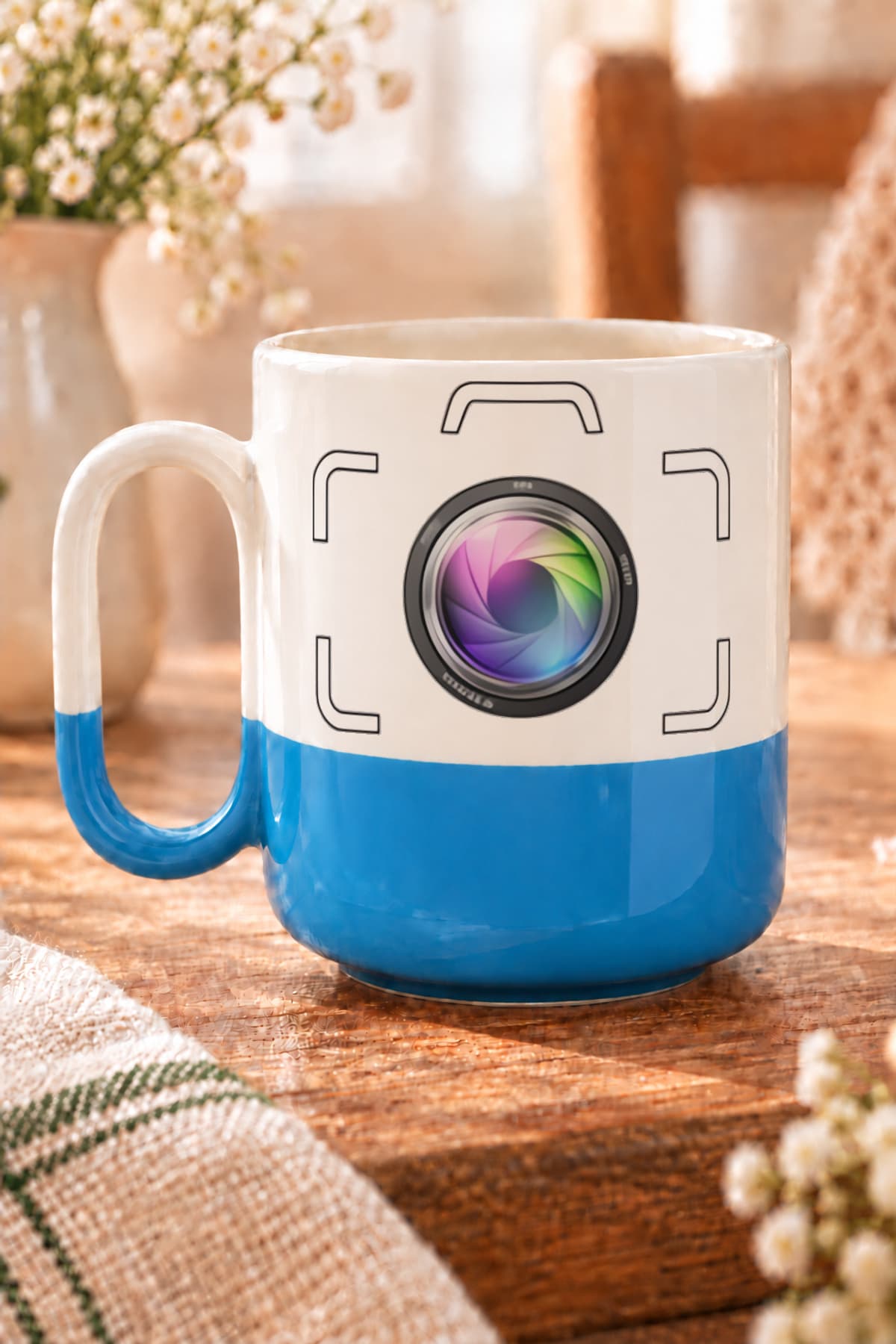 Fotoğraf Makine Çerçeveli Baskılı Alt Yarısı Renkli Arya Kupa Bardak Fincan Mug