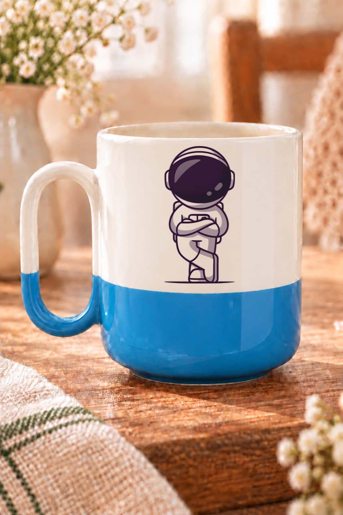 Astronot Pozu Baskılı Mavi Alt Yarısı Renkli Arya Kupa Bardak Fincan Mug