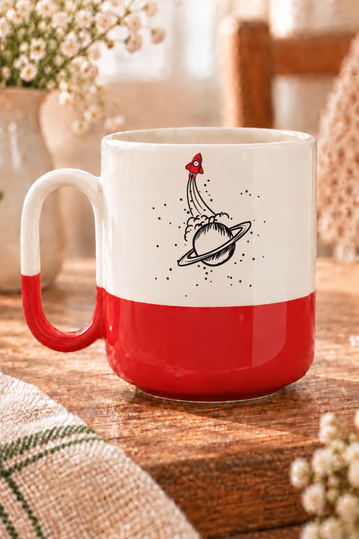 Gezegen ve Uzay Mekiği Baskılı Alt Yarısı Renkli Arya Kupa Bardak Fincan Mug