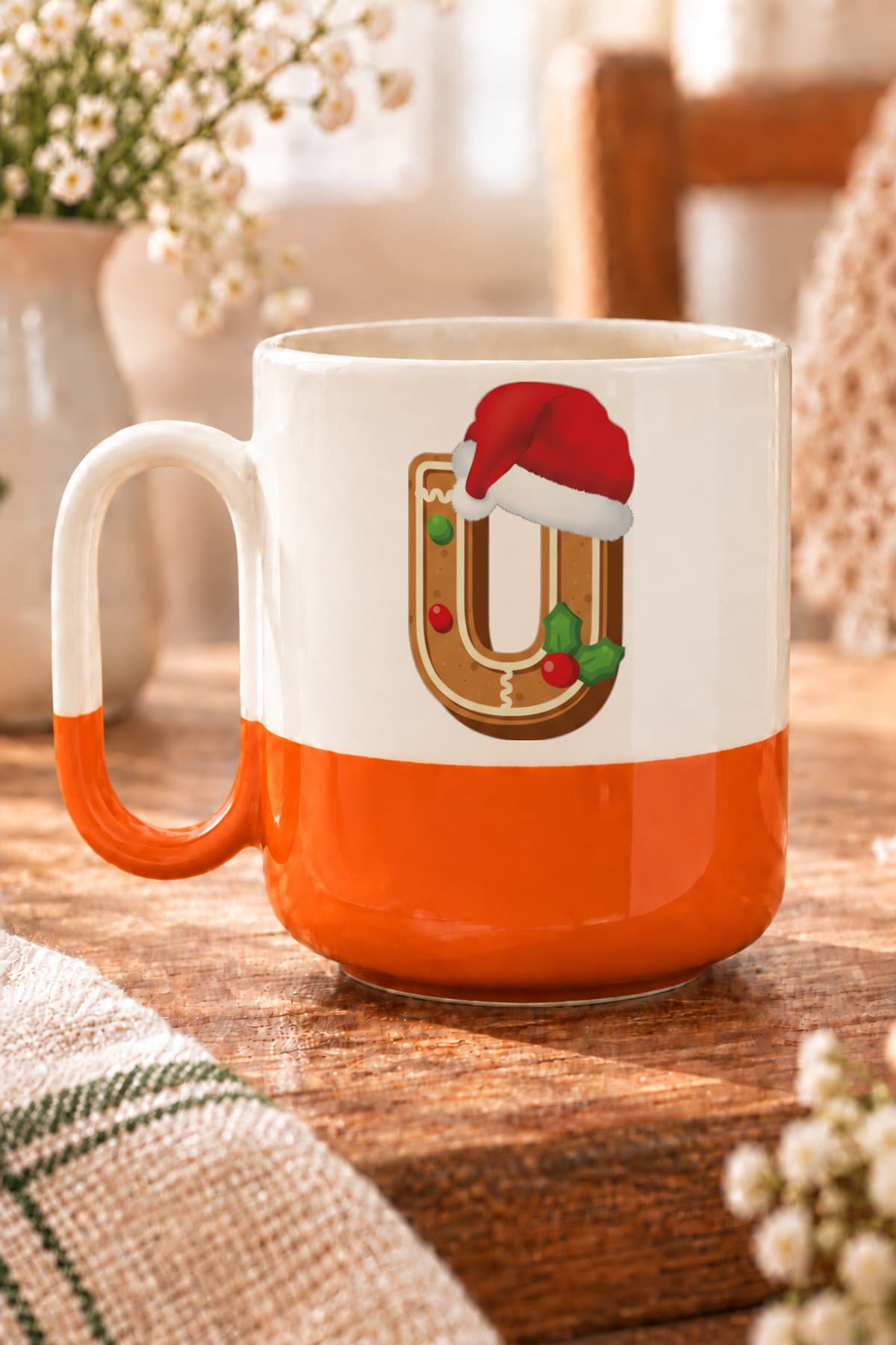 Kurabiye U Harfi Baskılı Turuncu Alt Yarısı Renkli Arya Kupa Bardak Fincan Mug