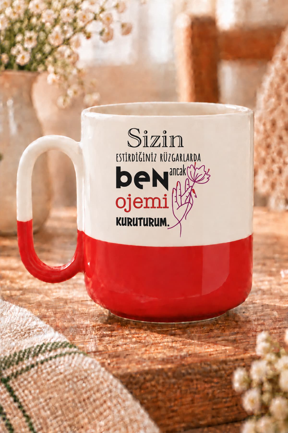 Sizin Estirdiğiniz Rüzgar İle Baskılı Kırmızı Alt Yarısı Renkli Arya Kupa Bardak Fincan Mug