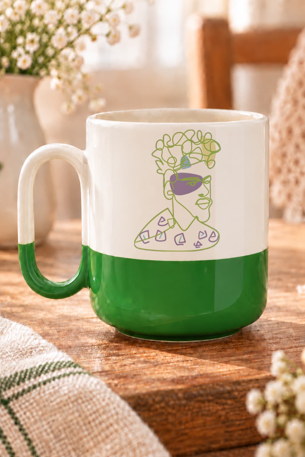 Kıvırcık Baskılı Alt Yarısı Renkli Arya Kupa Bardak Fincan Mug