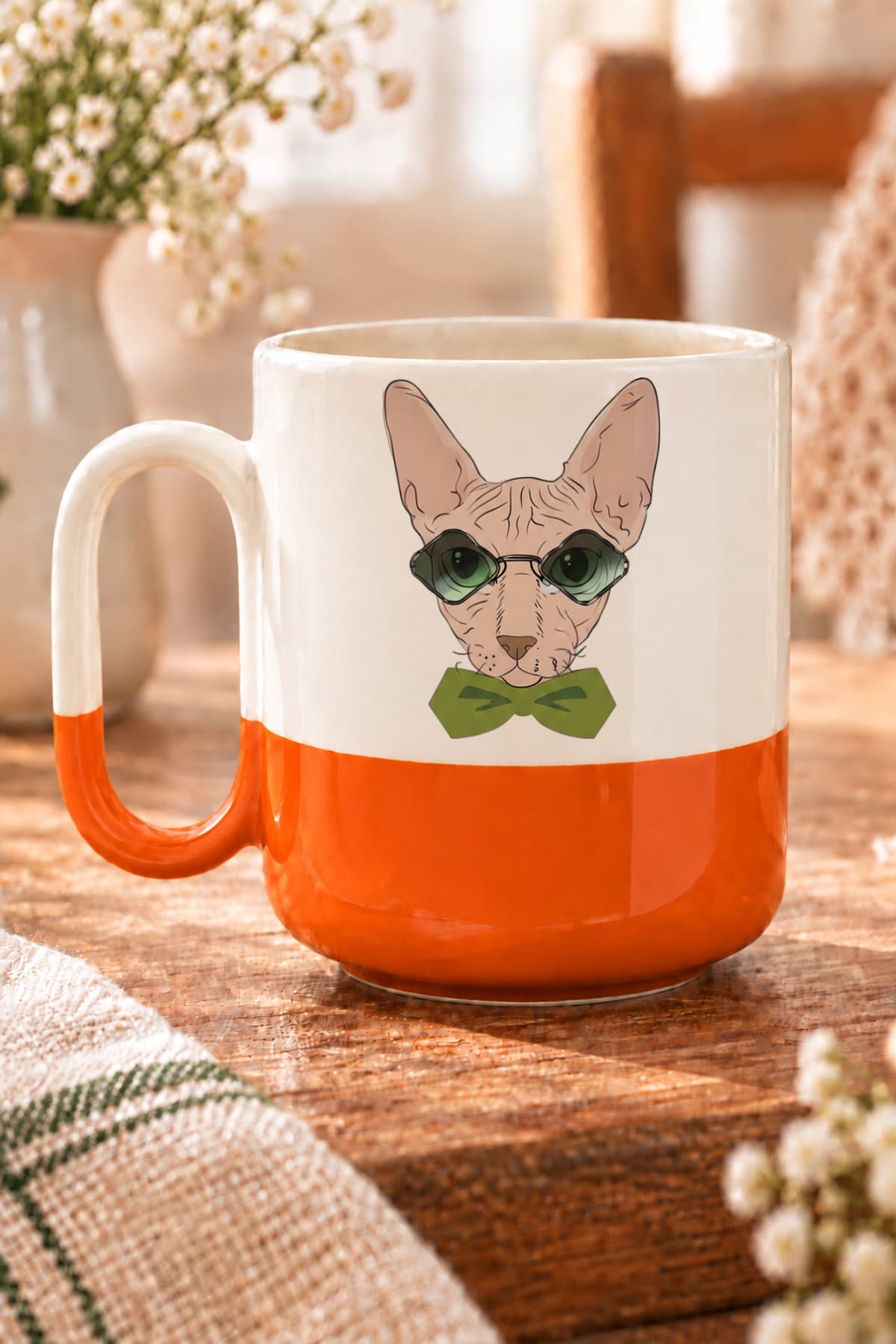 Gözlüklü Yeşil Papyonlu Kedi Baskılı Alt Yarısı Renkli Arya Kupa Bardak Fincan Mug