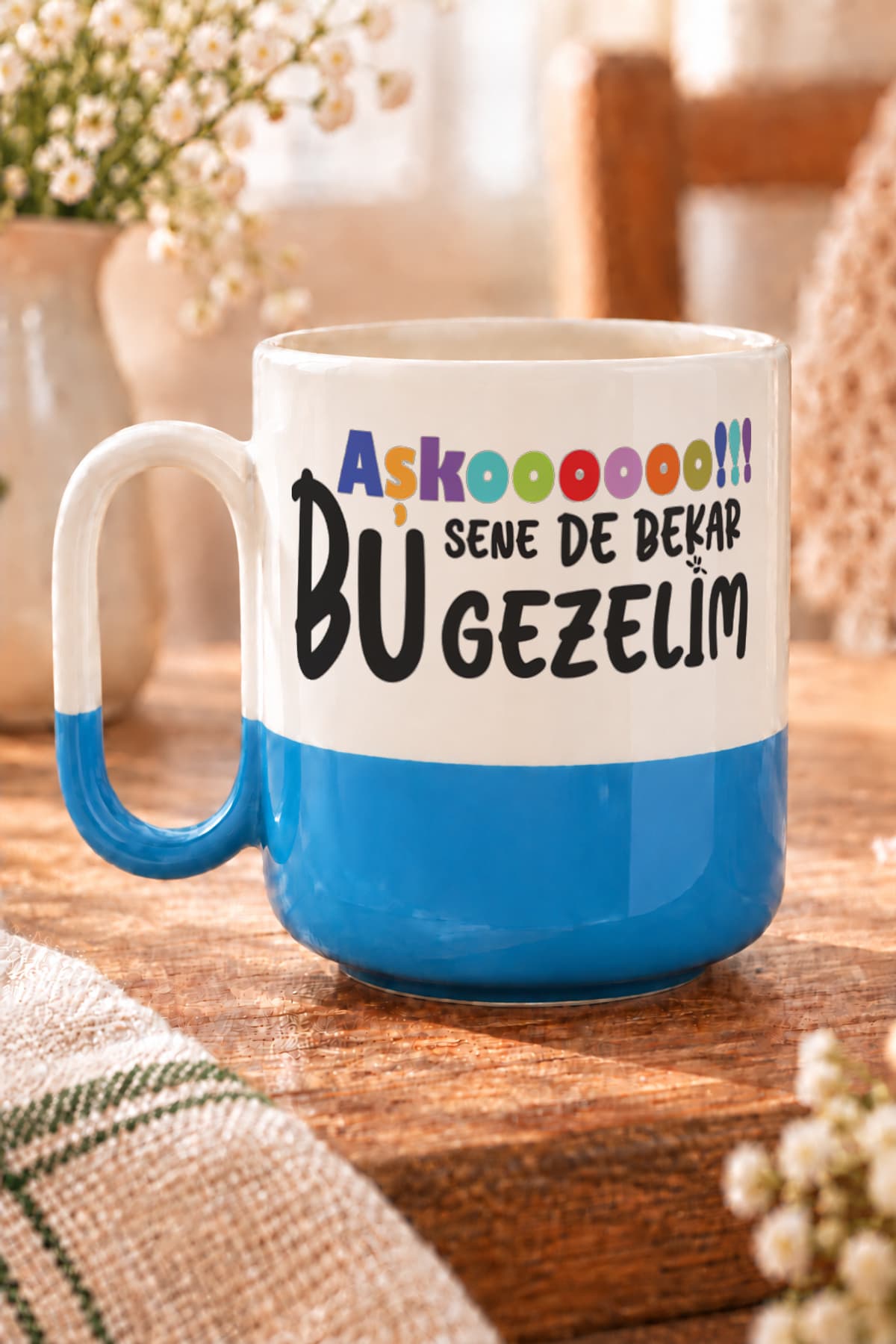 Aşkoooooo Baskılı Alt Yarısı Renkli Arya Kupa - Sevgiliye Hediye Bardak Fincan Mug
