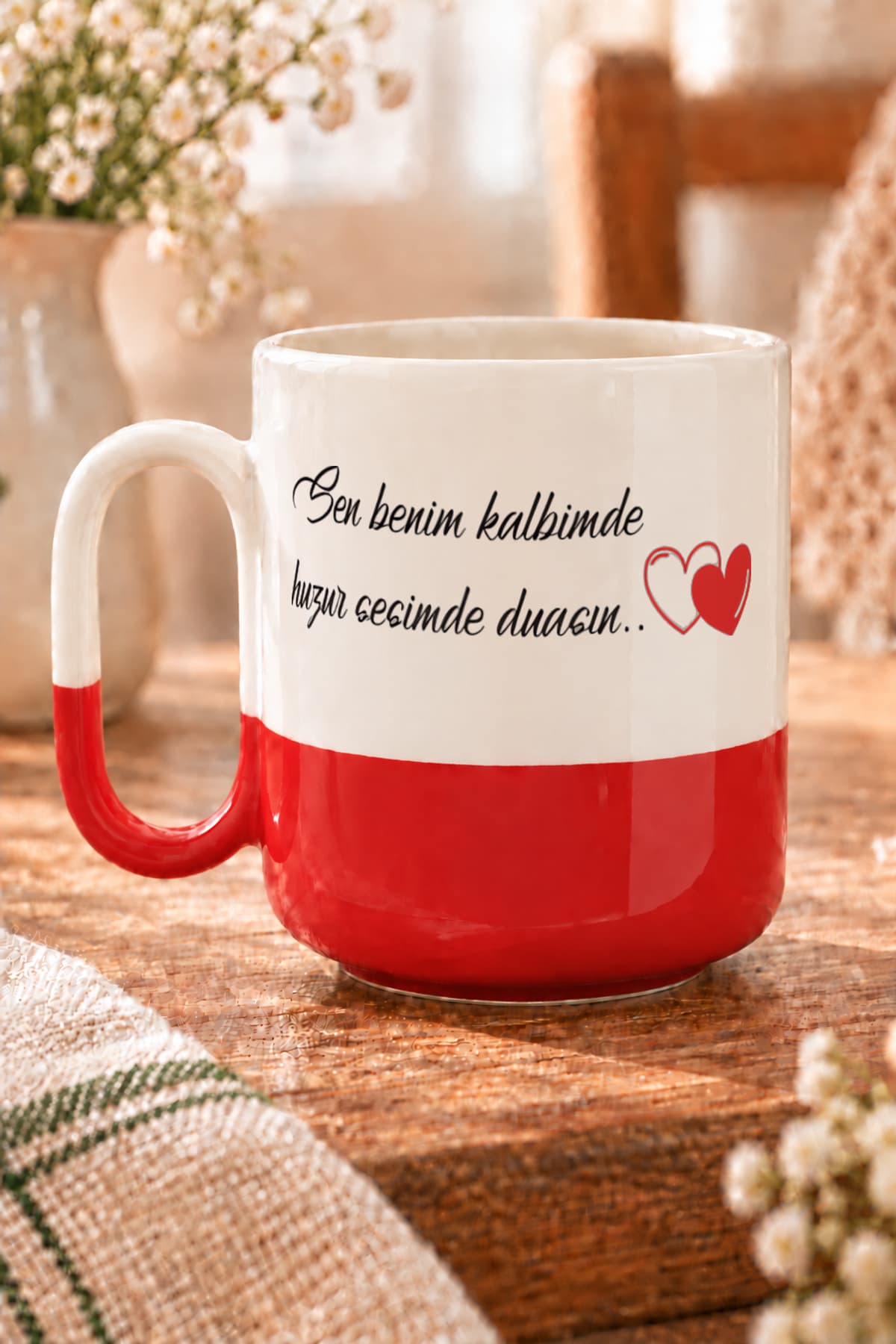 Sen Benim Kalbimde Huzur Baskılı Alt Yarısı Renkli Arya Kupa Bardak Fincan Mug