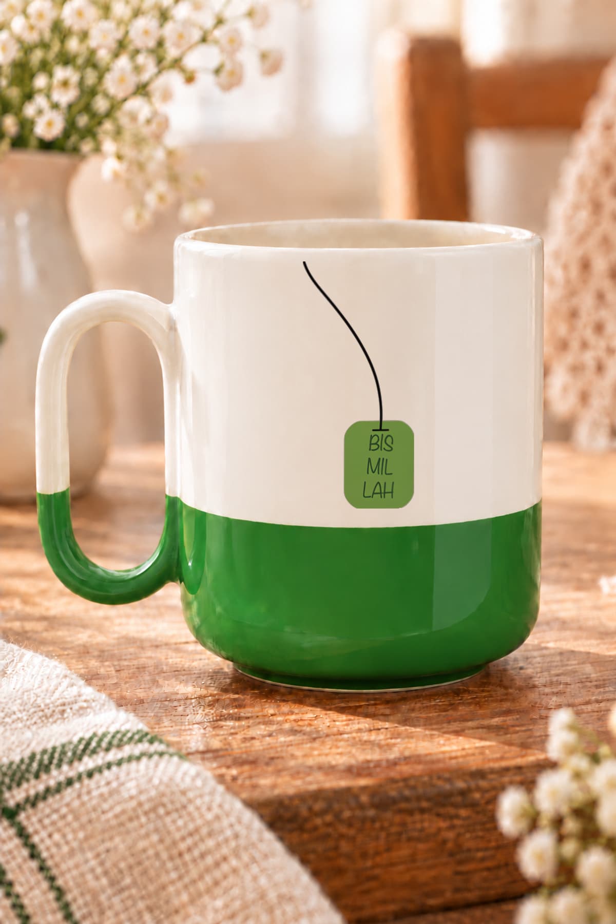 Bismillah Yeşil Siyah Baskılı Alt Yarısı Renkli Arya Kupa Bardak Fincan Mug